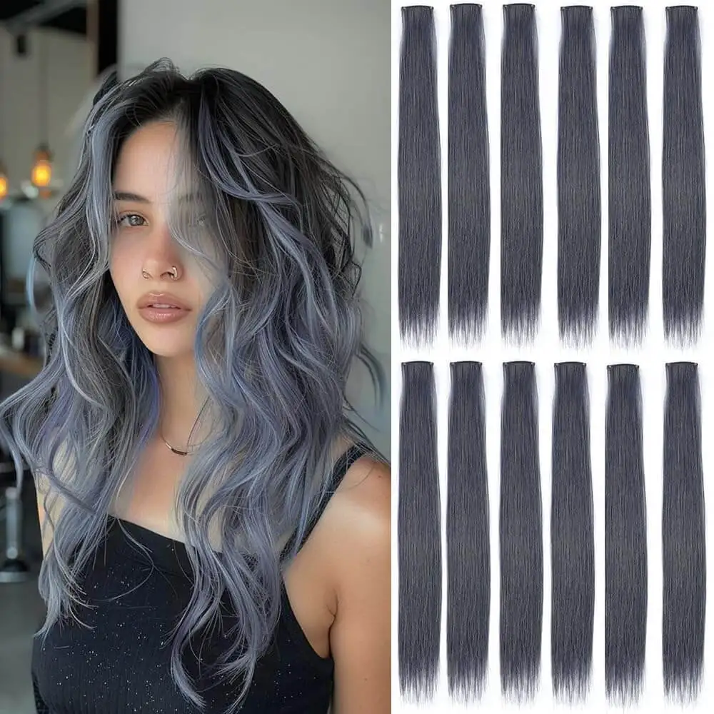 5PCS Straight Clip In Hair Extensions Synthetic Highlight Clip On Hair Pieces Fashion Hair  For Women Daily Party Cosplay