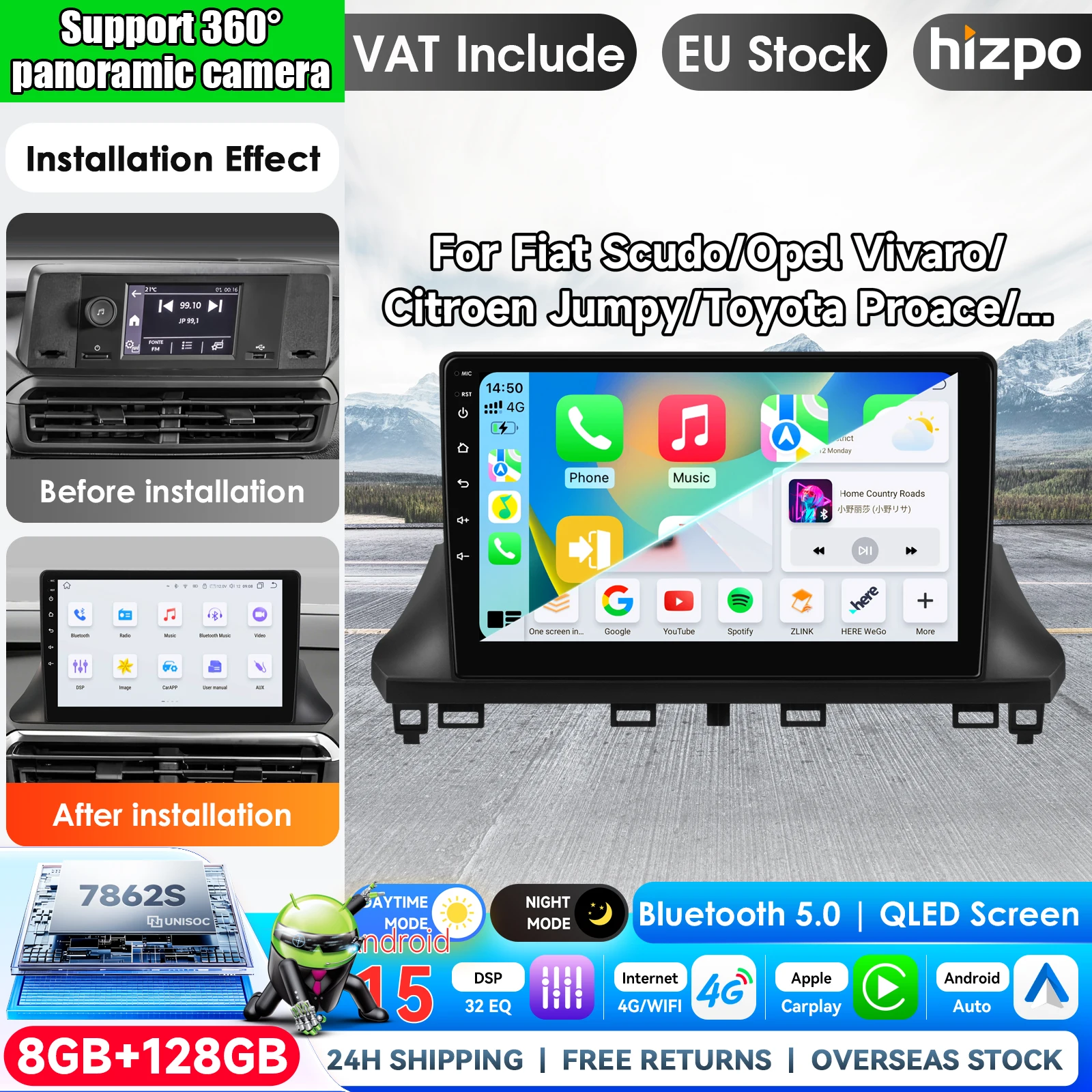 Radio samochodowe z GPS i funkcjami stereo do modeli Fiat Scudo/Opel Vivaro/Citroen Jumpy/Toyota Proace/Peugeot Traveller/Expert (roczniki 2024-2026), z obsługą SWC, Bluetooth, FM, RDS, DSP, ekranem