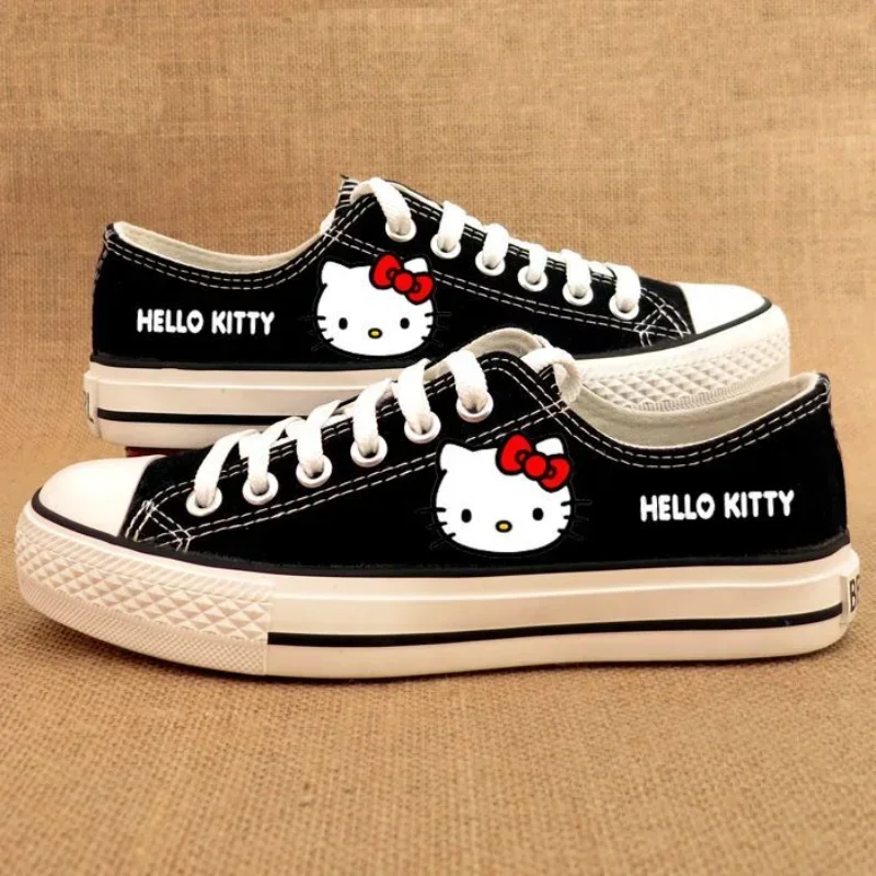 Hello Kitty Low Top Girls Canvas Shoes Teenagers Black Student Travel Shoes Lace Up High-top Sneakers Spring Autumn Lolita Shoes