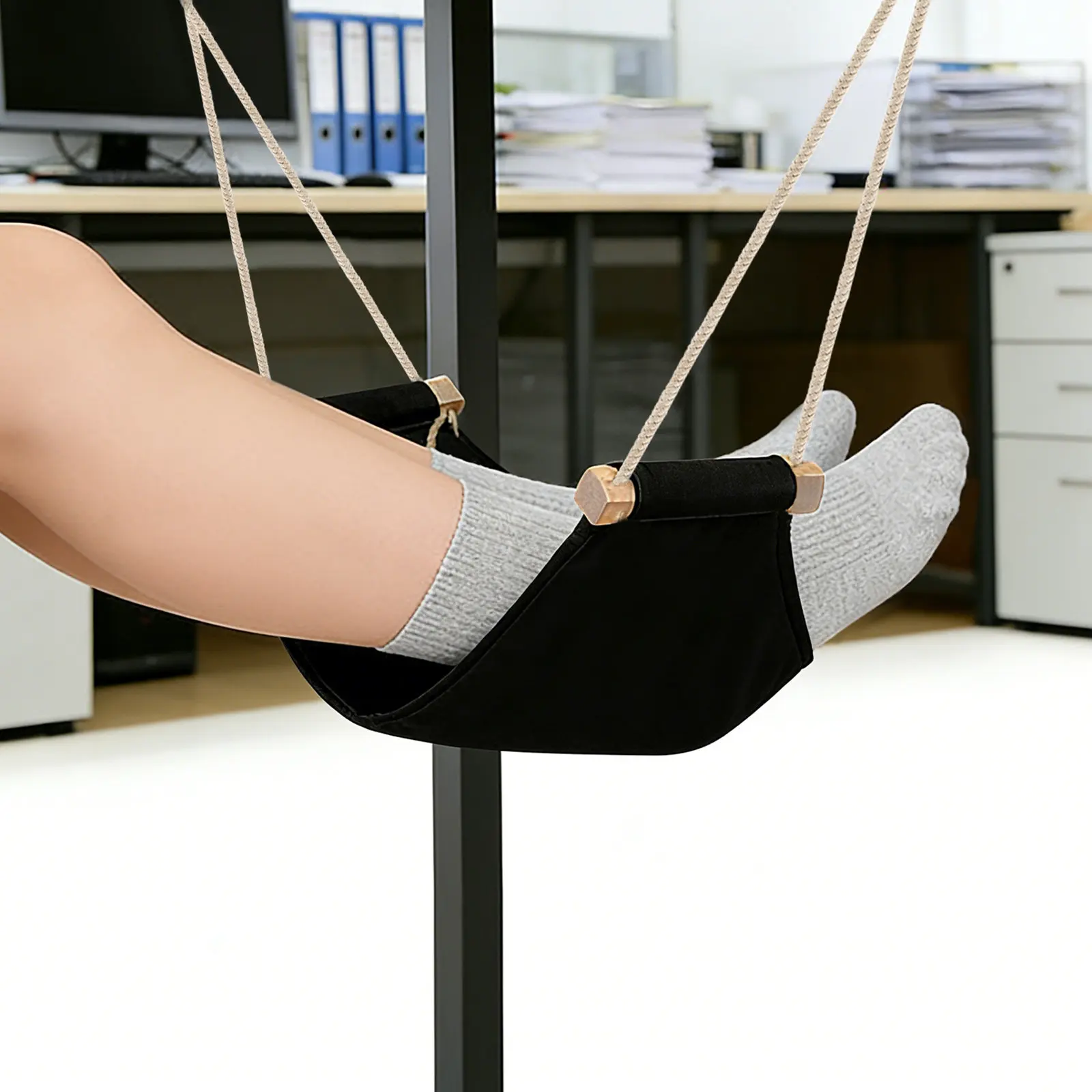 Foot Hammock Premium Wood Iron Adjustable Under Desk Office Home Footrest Comfortable Hanging Feet Resting Hanger Portable Desk
