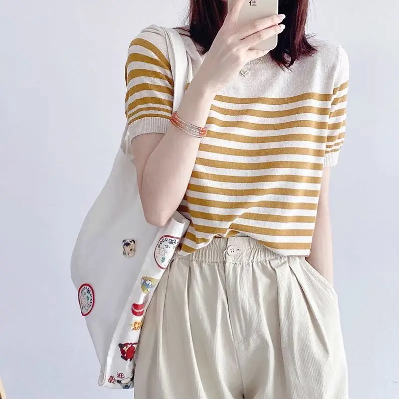 Pullover Round Neck Striped Ice Silk Short Sleeved Knitted Sweater for Women\'s 2024 Summer Fashion Splicing Casual Versatile Top