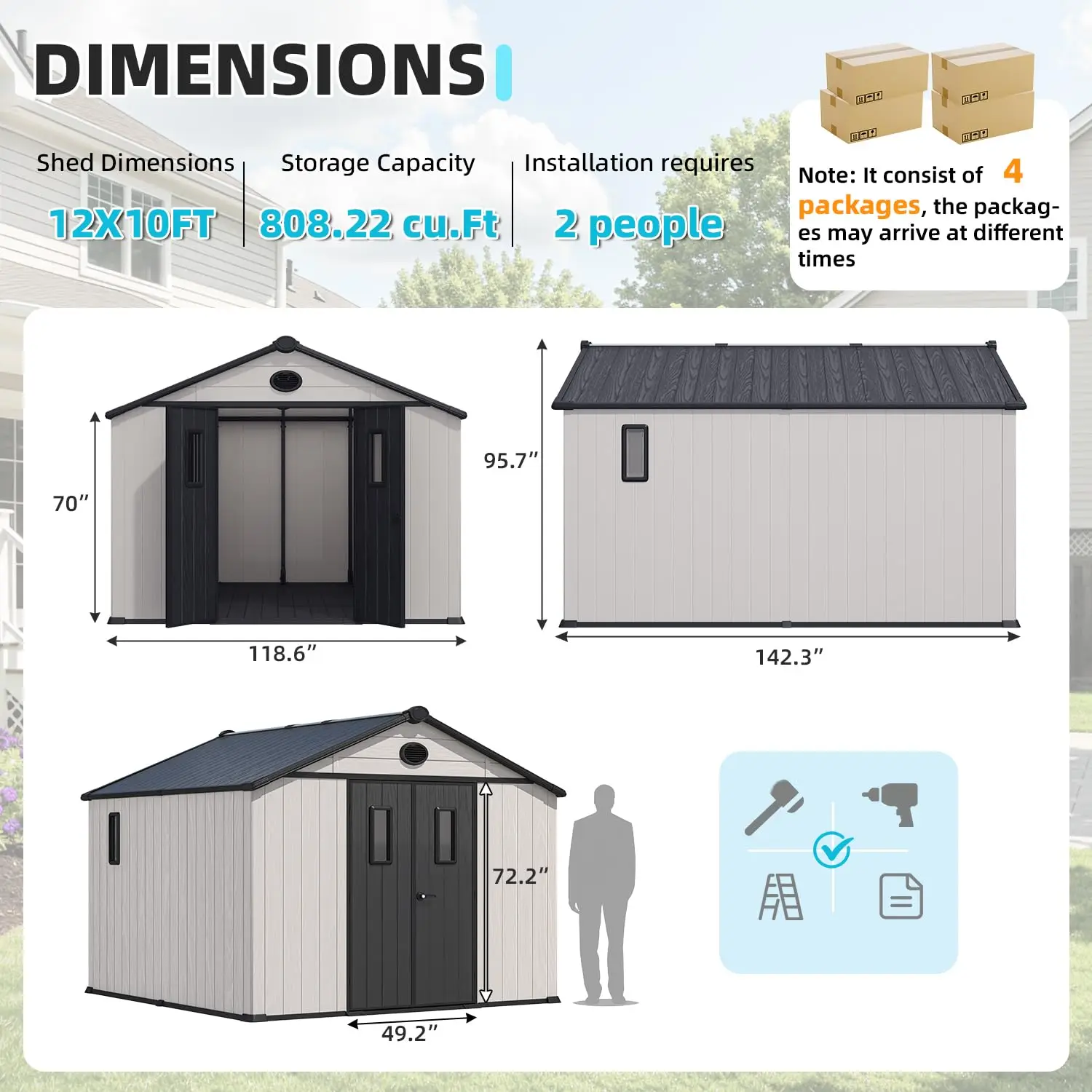 10x12ft Resin Outdoor Storage Shed with Floor, Customized