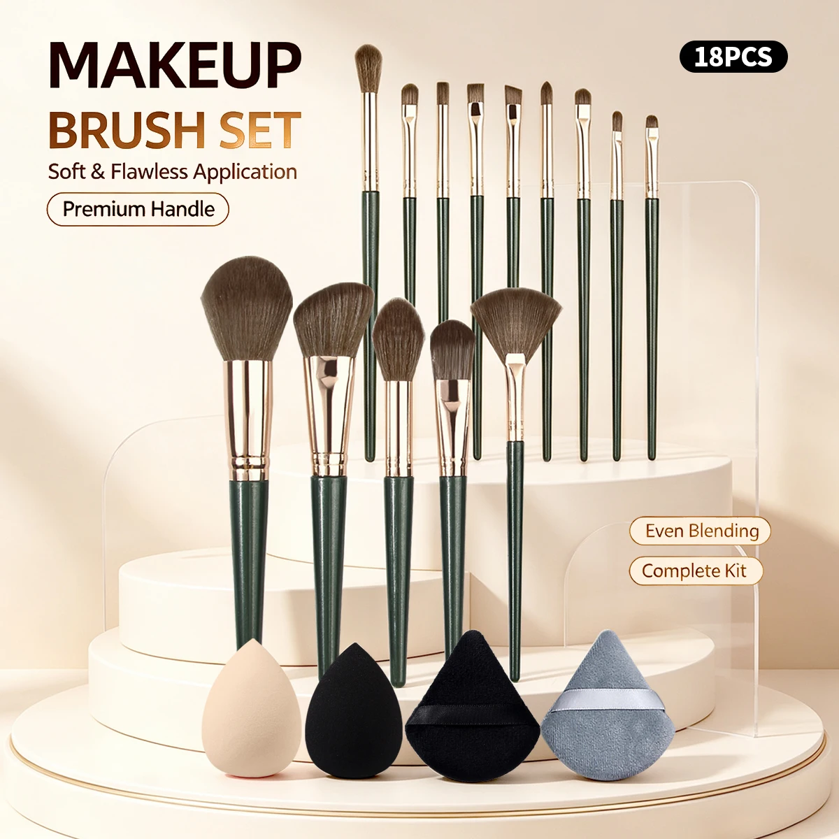 18Pcs Makeup Brush Set, Premium Handles Makeup Brushes Kit with Makeup Puff for Foundation Blush Eyeshadow Full Face Makeup