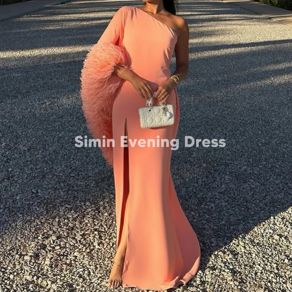 

Simin Women's Crepe One-shoulder Mermaid Split Floor-Length Evening Dresses With Fur Sleeves Formal Party Elegant Dresses2025
