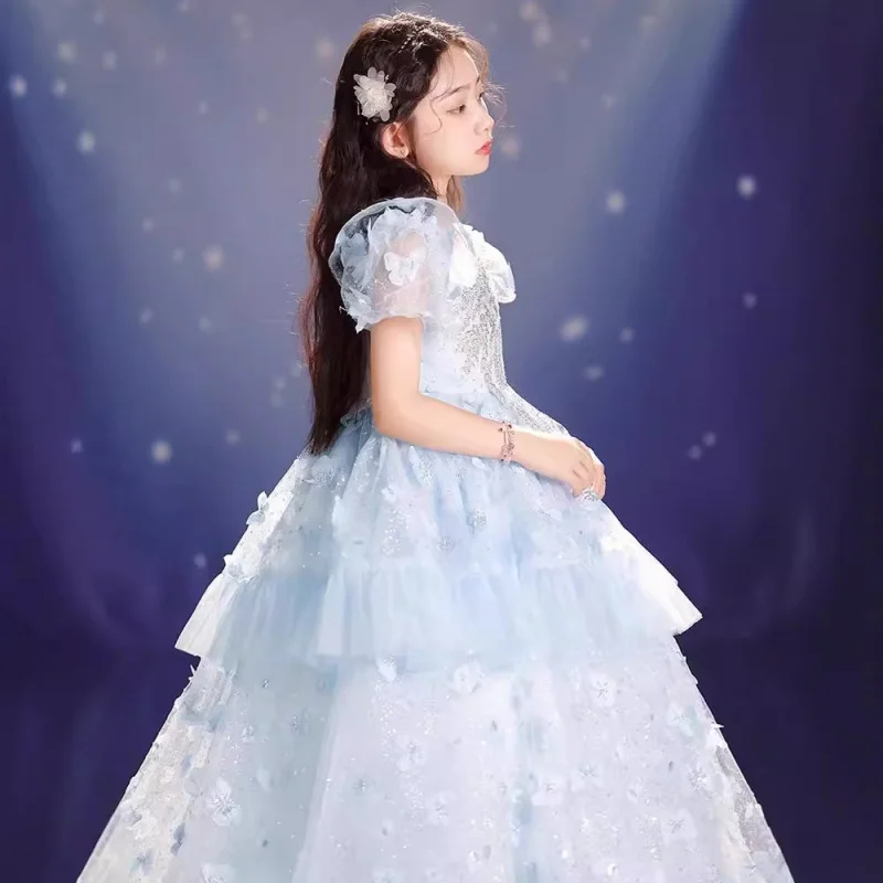 Girls' High-End Formal Dress for Singing, Piano Performance, Host, Singing Competition, Elegant Performance Costume, Children's