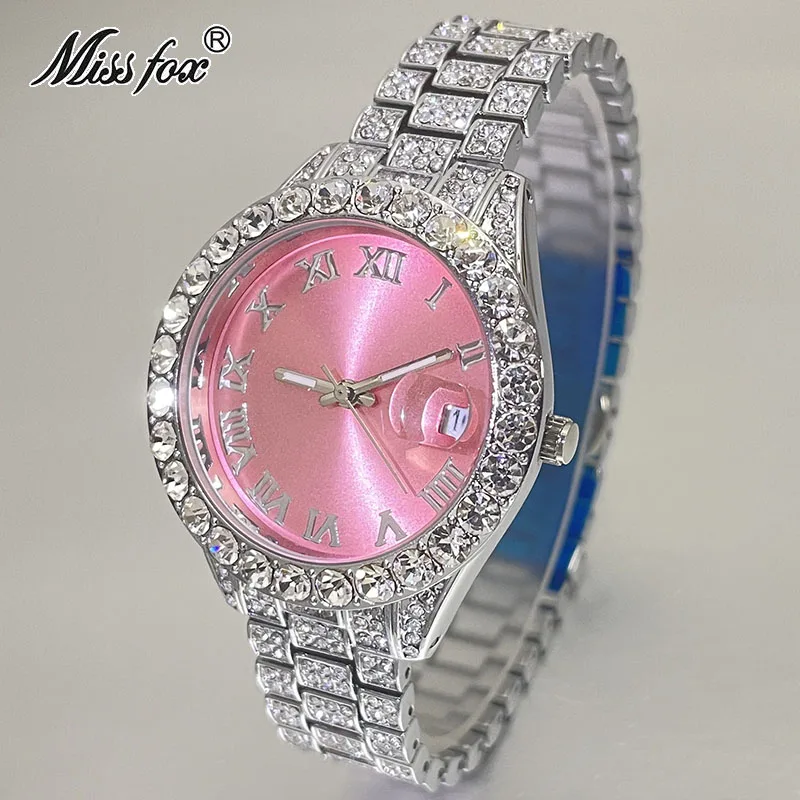 Iced Out Watch Women Fashion Roman Scale Pink Dial Luxury Diamond Calendar Waterproof Quartz Watches for Woman Gift Drop Shippin - view 5