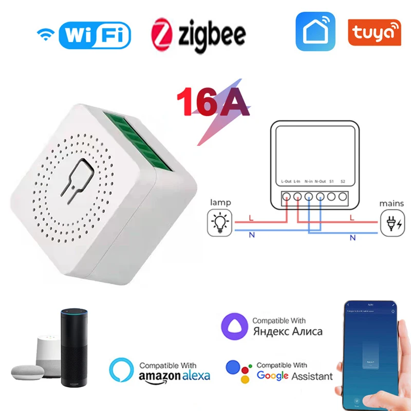 Tuya Wifi Mini Smart Switch 16A DIY Zigbee Switches Smart Life App Timer Module Support Alexa Google Home Alice Voice Control