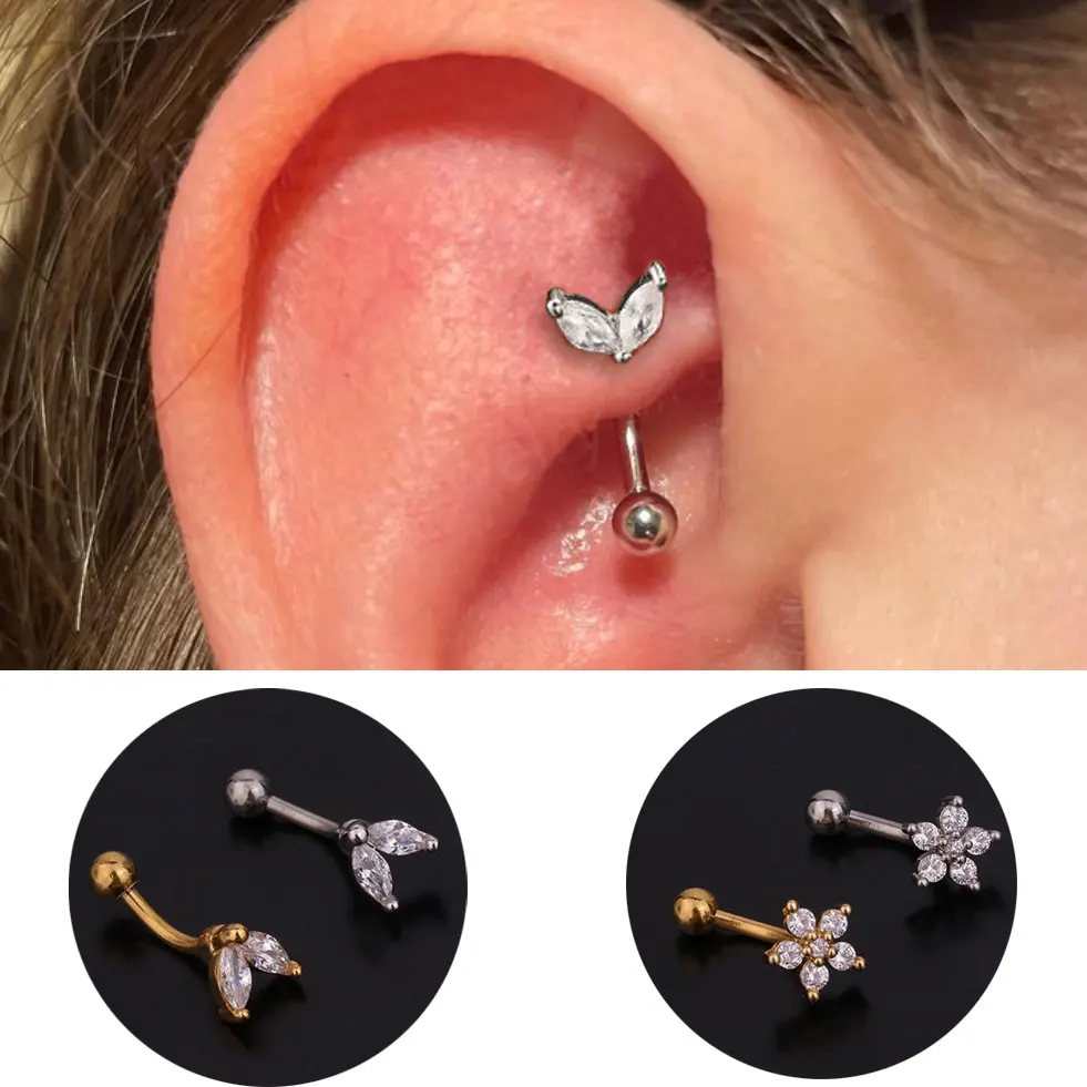 

16G Stainless Steel Rook Ear Piercing Flower Helix Tragus Lobe Curved Barbell Cartilage Earring Eyebrow Belly Piercing Jewelry