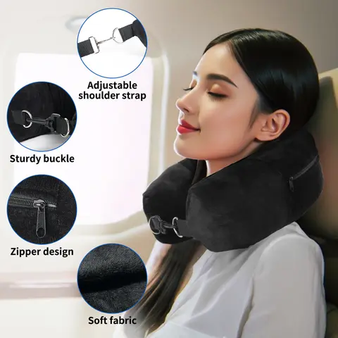 Travesseiro de pescoço para viagem com roupas preenchíveis, fronha em forma de U, bolsa de armazenamento extra, capa de almofada de pescoço de veludo para viagens em avião