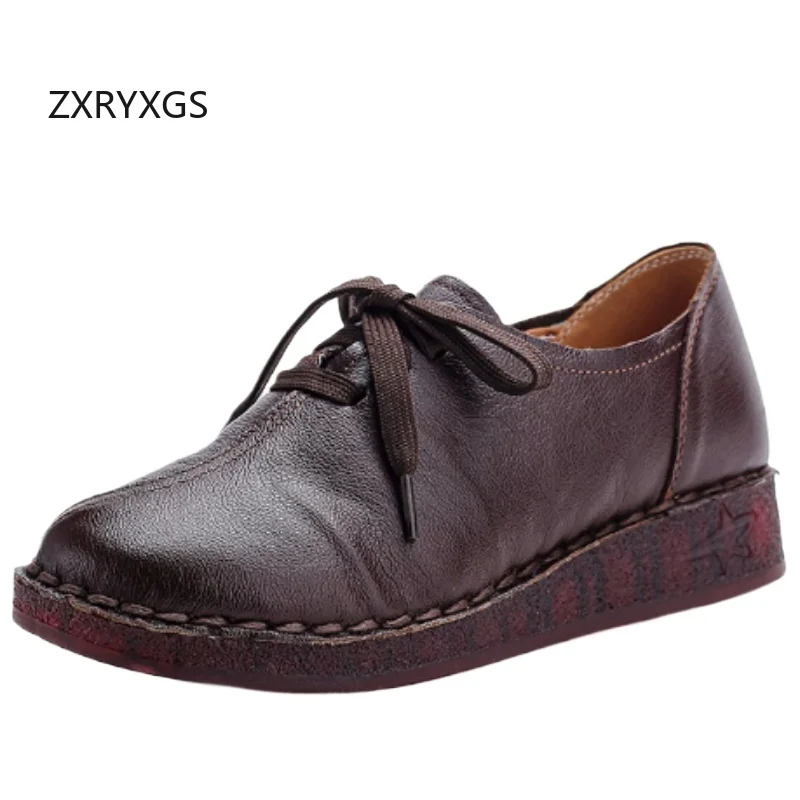ZXRYXGS Promotion 2026 Spring New Lace-up Genuine Leather Shoes Flat Heel Soft Sole Comfortable Casual Sneaker Women Trend Shoes