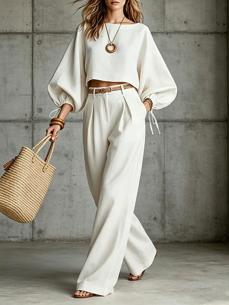 Elegante Conjunto de Dos Piezas con Cuello Redondo, Blusa Corta con Mangas de Cordón y Cintura Alta, Pantalones de Pierna Ancha, Traje Boho para Fiesta