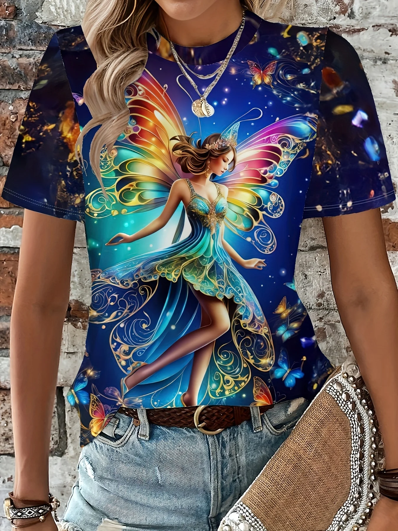 2026 Summer Hot Selling Fashionable and Beautiful Butterfly Fairy Elf Pattern Scene 3D Printed Short Sleeved Harajuku T-shirt