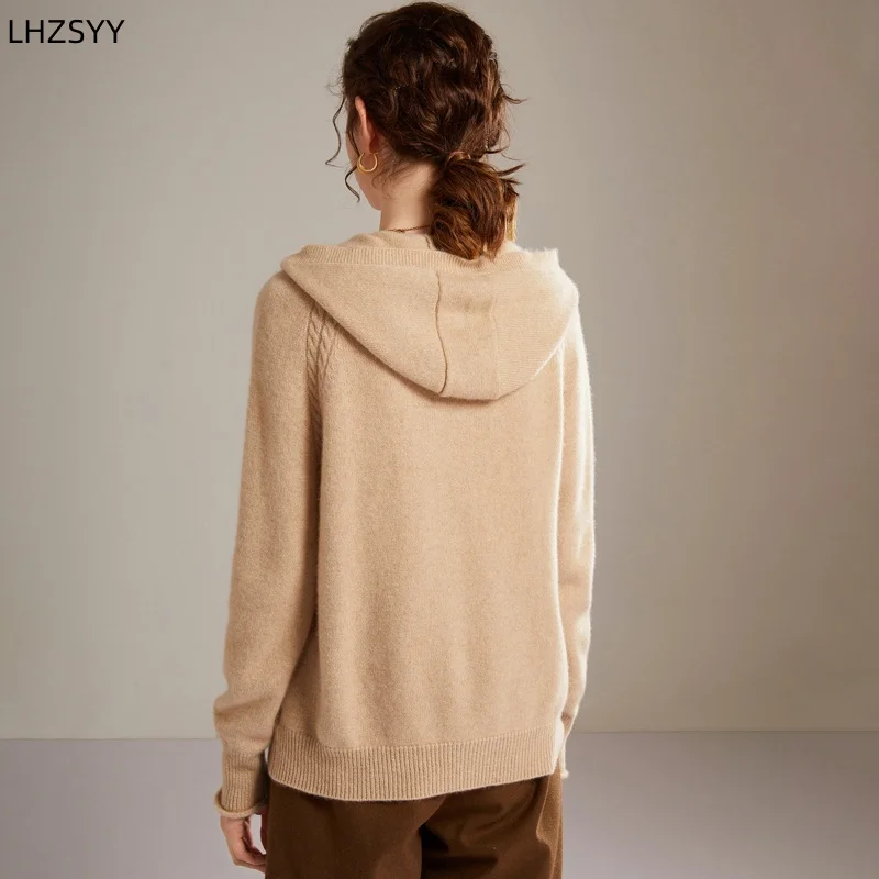 LHZSYY Fall/Winter New 100% Goat Cashmere Zipper Jacket Women\'s High-end Hooded Knit Cardigan Casual Loose Thick Sweater Coat