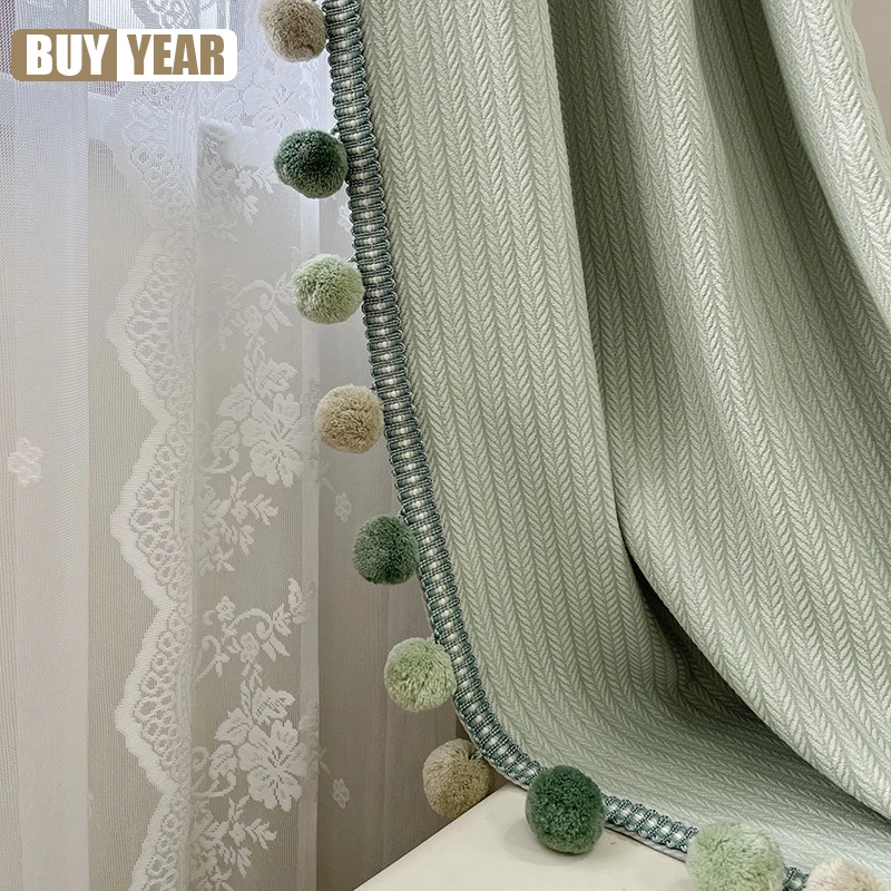 European style Wheat Grain Milk Green Curtain Big Hair Ball Lace Children's room Curtains for Living Dining room Bedroom