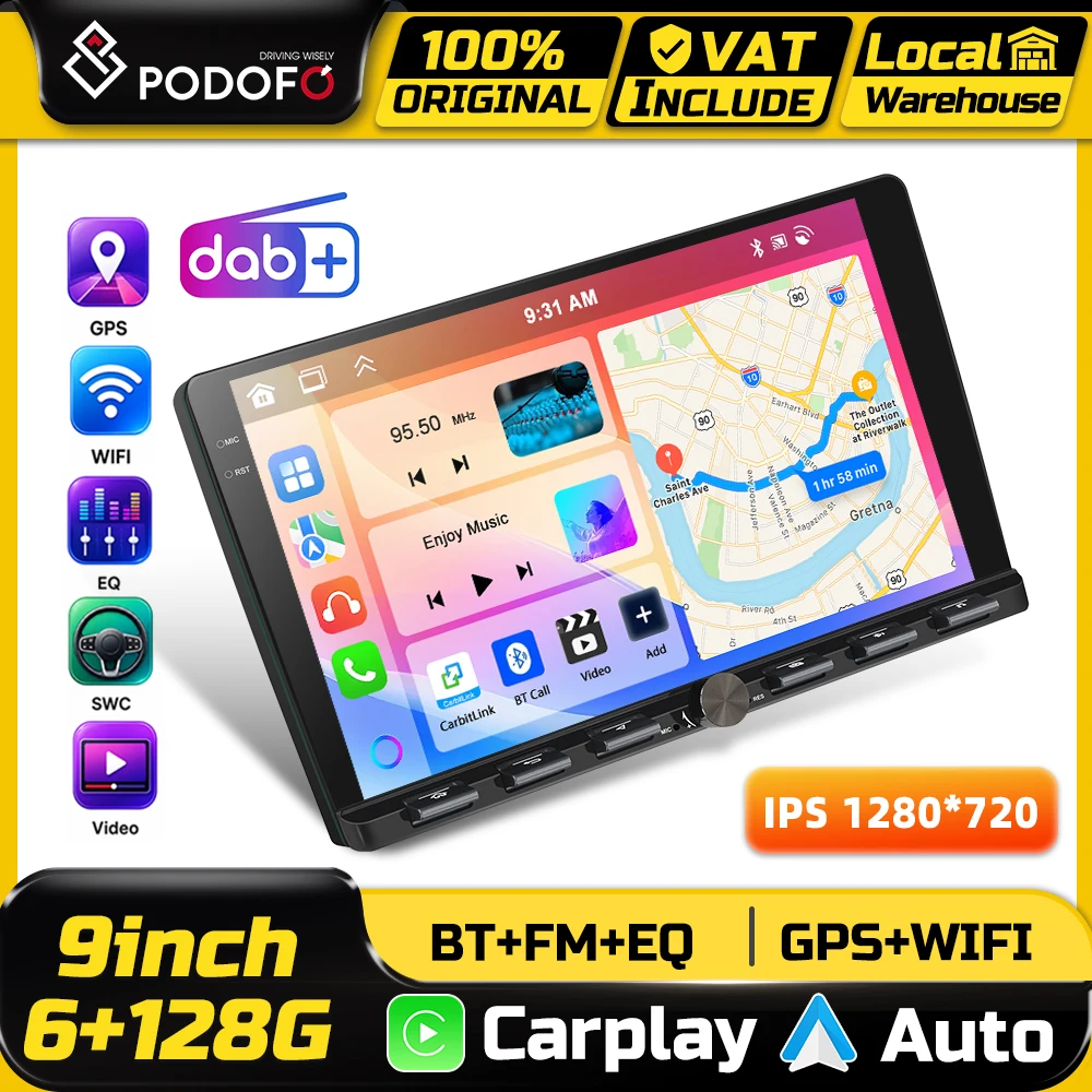 Podofo 6+128G 2-Din Autoradio Multimedia-Stereoanlage Kabelloses CarPlay Android Auto Intelligentes Autosystem 9-Zoll Touchscreen WIFI BT FM RDS Player GPS Mirror Link