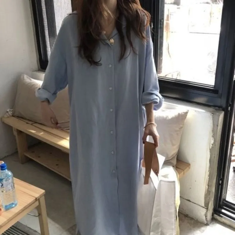 

Korea Elegance Lazy Wind Overlong Long Dress New Style Autumn Shirt Dress Women Tops Fashion Extra Large Size Shirts 2024