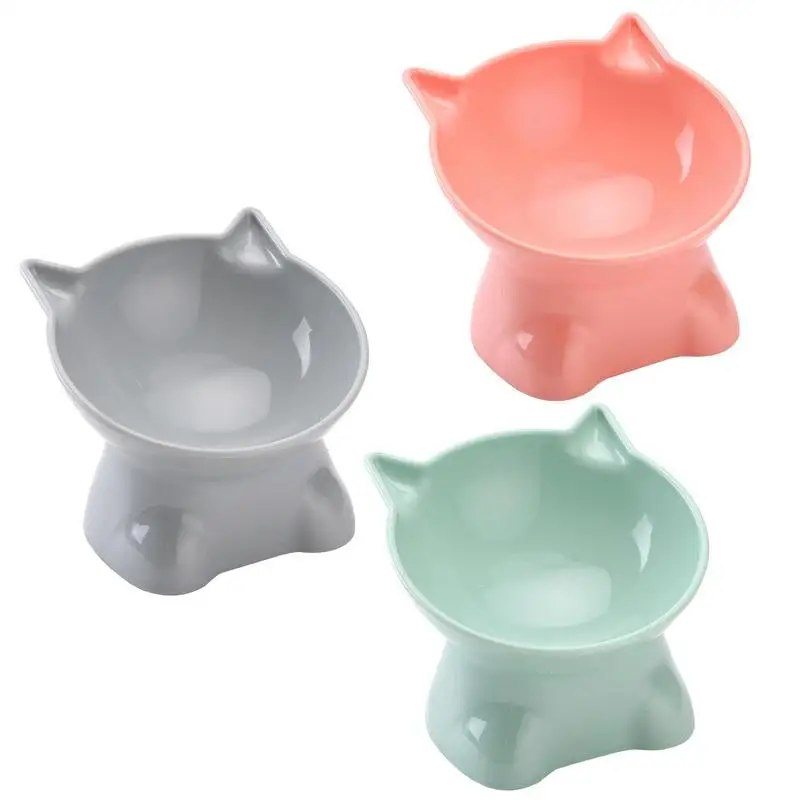 Raised Cat Food Bowls 15 Degrees Anti Vomit Colorful Cat Plate Plastic Non Slip Raised Stand Dish Food Safeguard Neck Pet Bowl