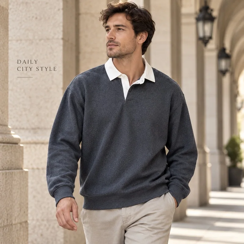 Men Contrast Collar Long Sleeve Polo Shirt Relaxed Fit Faux Layer Knit Top Ribbed Cuffs for Autumn Winter Casual Daily Outfits