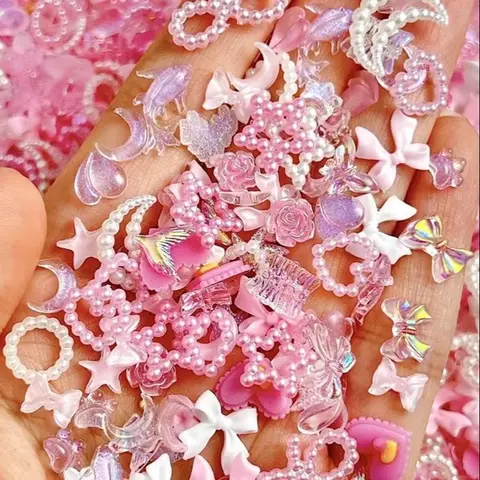 50G/Pack Pink-White Resin Nail Charms, Assoretd Bows and Pearls flowers Nail Jewelry Accessories for DIY Phone Case and Crafts