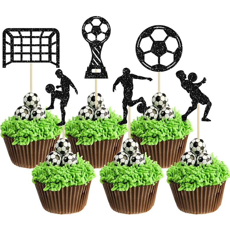 YOMDID 24 Stück Fußball-Cupcake-Topper, glitzernde Fußball-Kuchen-Dekoration, Sport-Cupcake-Picks, Fußball-Thema, Geburtstagskuchen-Topper – Detail 7
