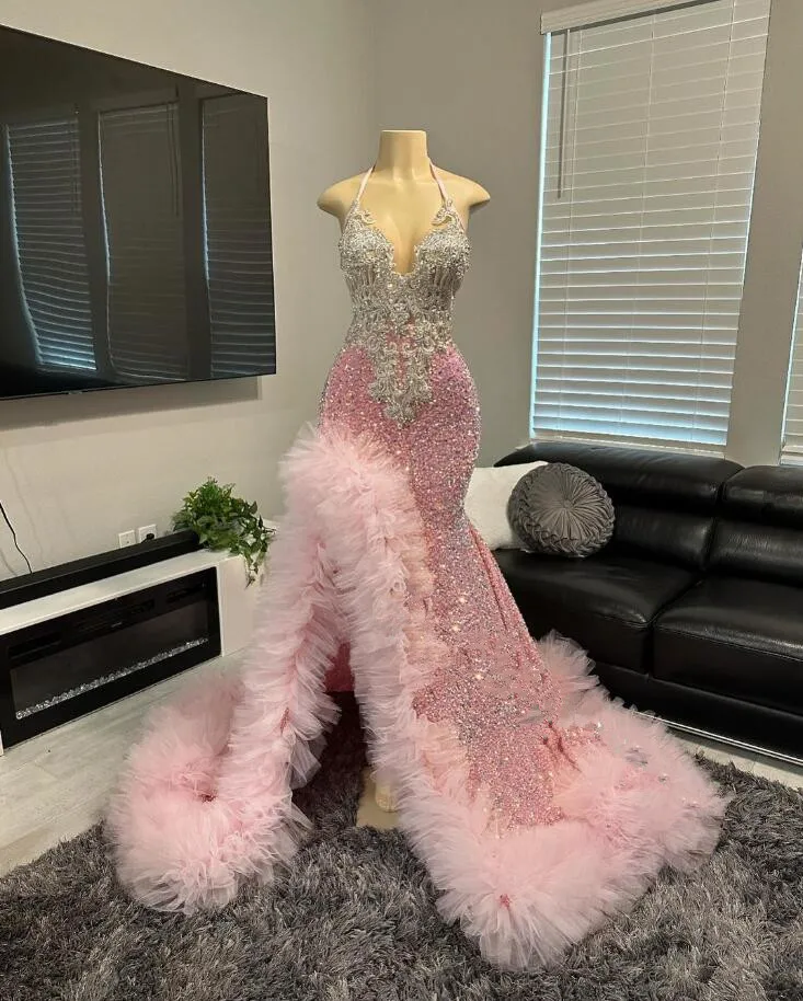 Peach Pink Mermaid Prom Dress for Women customsized Crystal Ruffles Velvet Black Girl Birthday Party Gown vestidos de gala