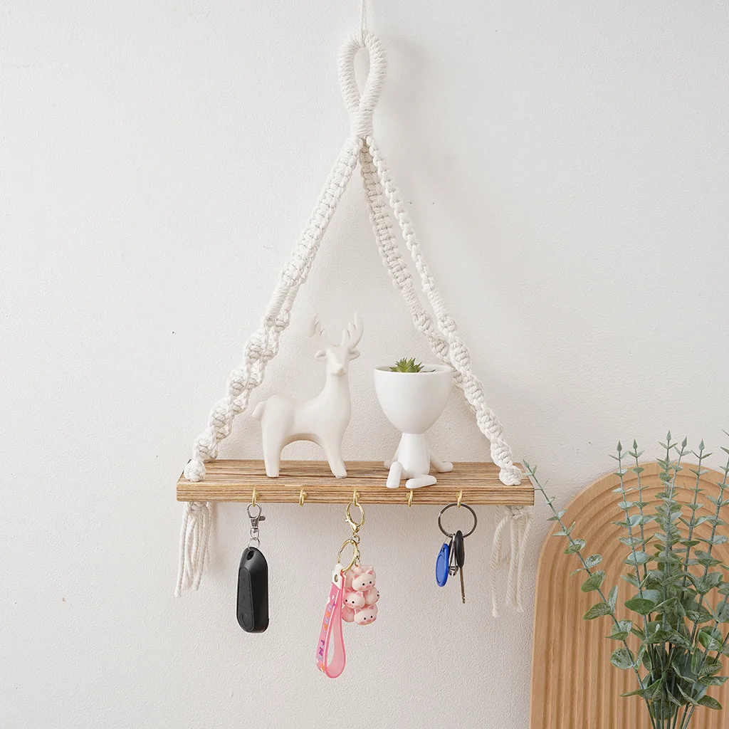 Bohemian Home Decor Storage Rack Handwoven Cotton Cord Solid Wood Wall Shelf Macrame Hanging Shelf with Hooks Wooden Plank