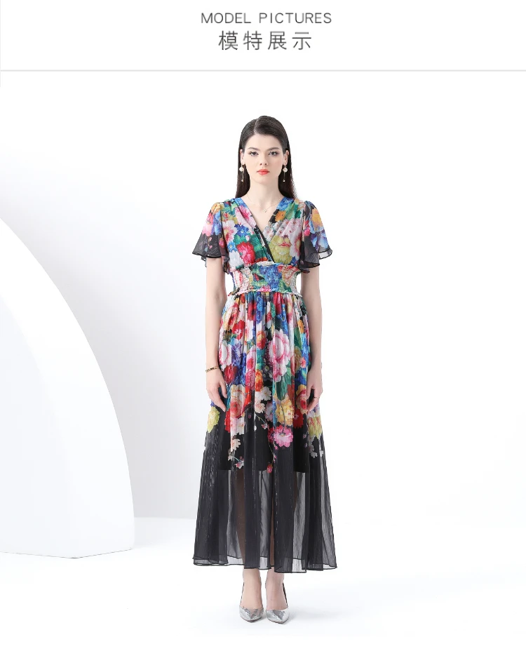 Abito lungo stampato retrò da donna 2025 Primavera Estate Vintage scollo a V, abito lungo svasato elastico smock con maniche a lanterna
