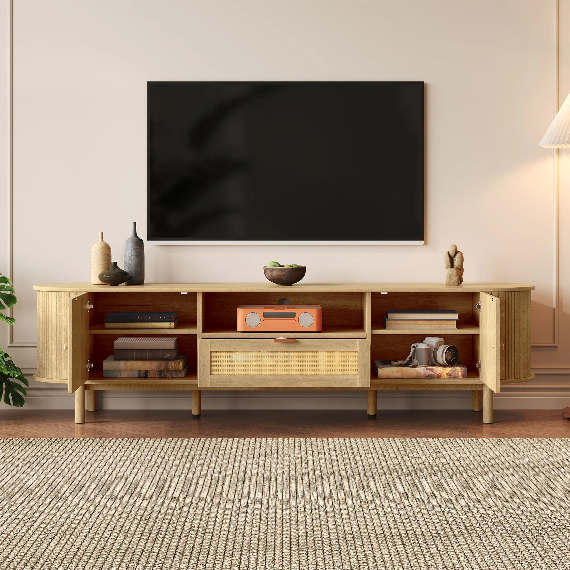 PINGGO Moderner TV-Schrank mit Rattanschublade, offenen Regalen, runder Tischplatte, Metallbeinen, Holzoptik, 175x36x41 cm – Detail 3