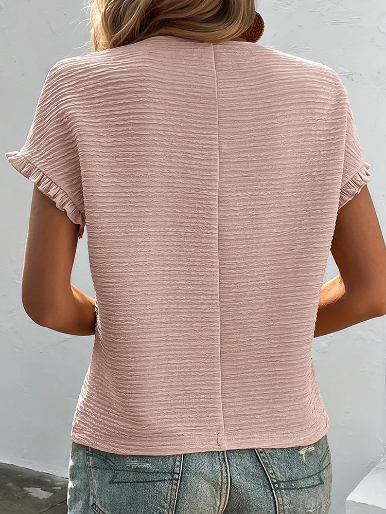 Solides Damen-T-Shirt mit Salatbesatz – lässiges, kurzärmliges Sommeroberteil mit Rundhalsausschnitt – Detail 2
