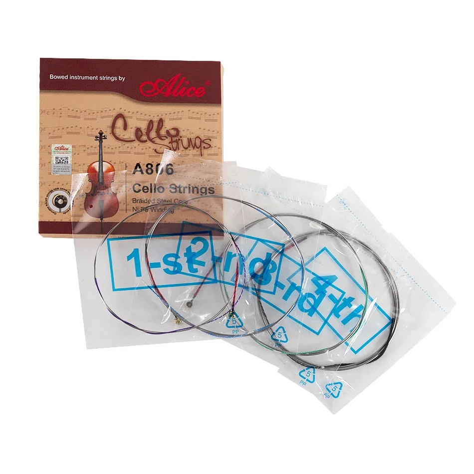 Alice A806 Cello Strings Braided Steel Core Ni-Fe Winding 1 Set/4 Strings Suitable for 4/4 3/4 1/2 Usual Size Cello Accessory