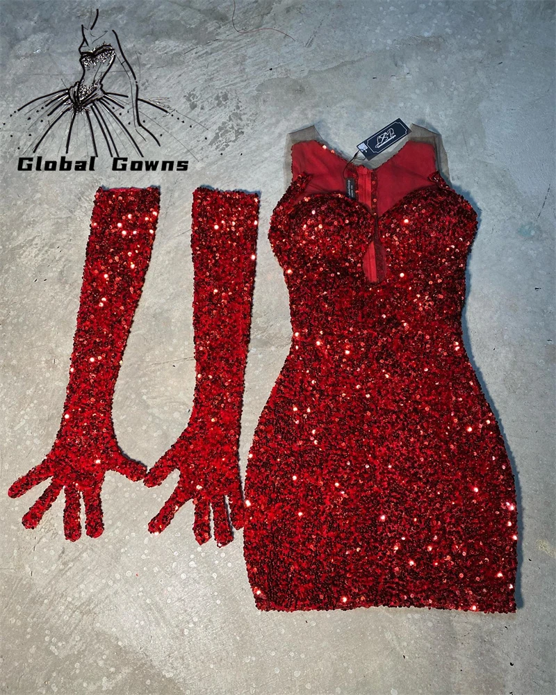 Robes de Rhcourtes chérie rouge sexy, paillettes, fête d'anniversaire, quoi que ce soit avec des gants, mini zones de cocktail, robe de Rhpersonnalisée