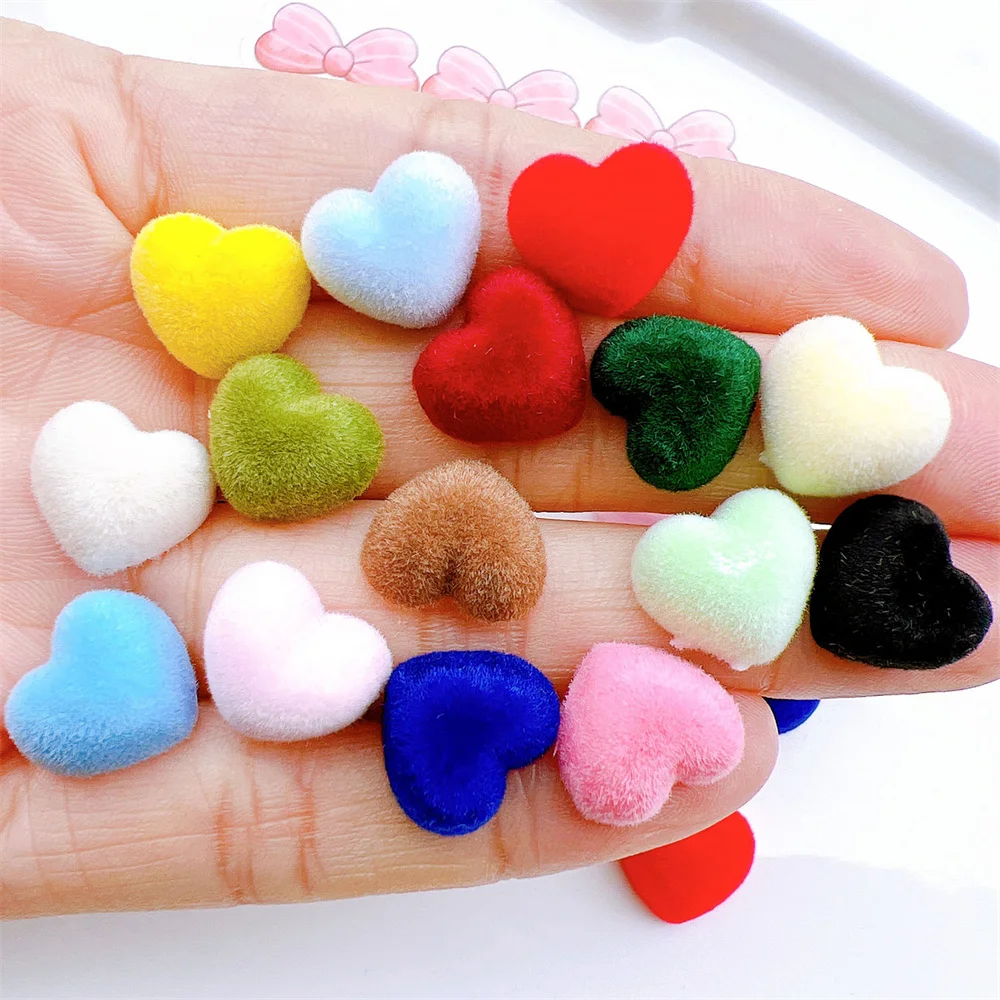 WFFNNKC 20-30Pcs Colorful Flocking Love Heart Flat Back Resin Cabochon Ornament DIY Water Cup Shoe Buckle Jewelry Hair Accessory