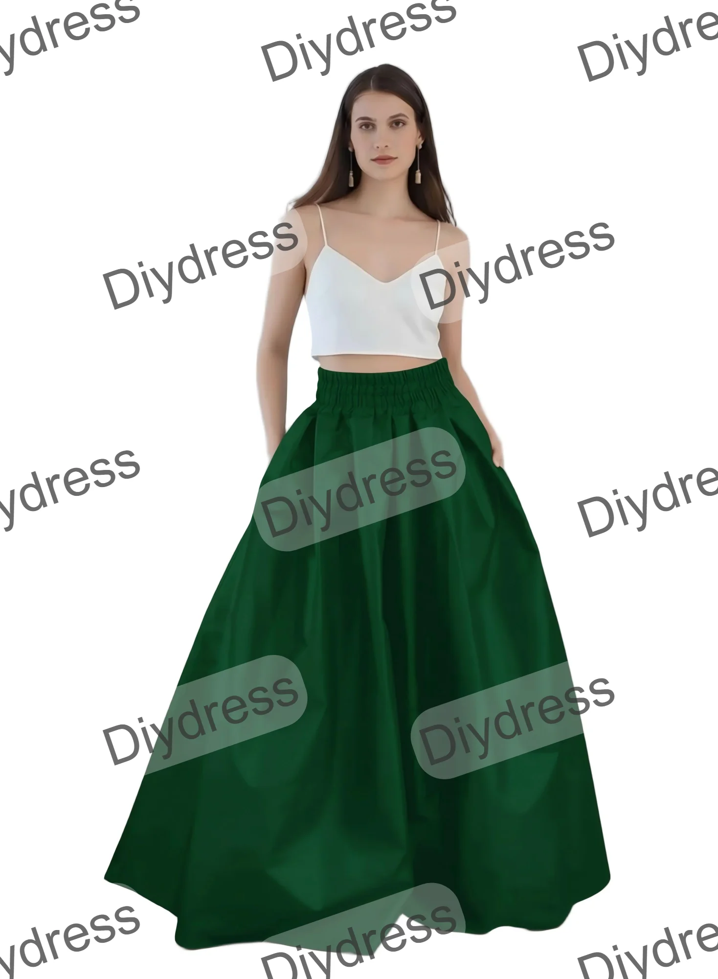 Women’s Long High Waist Pleatd Maxi Taffeta Prom Party Skirt A-Line Elastic Waist Taffeta Skirts with Pockets