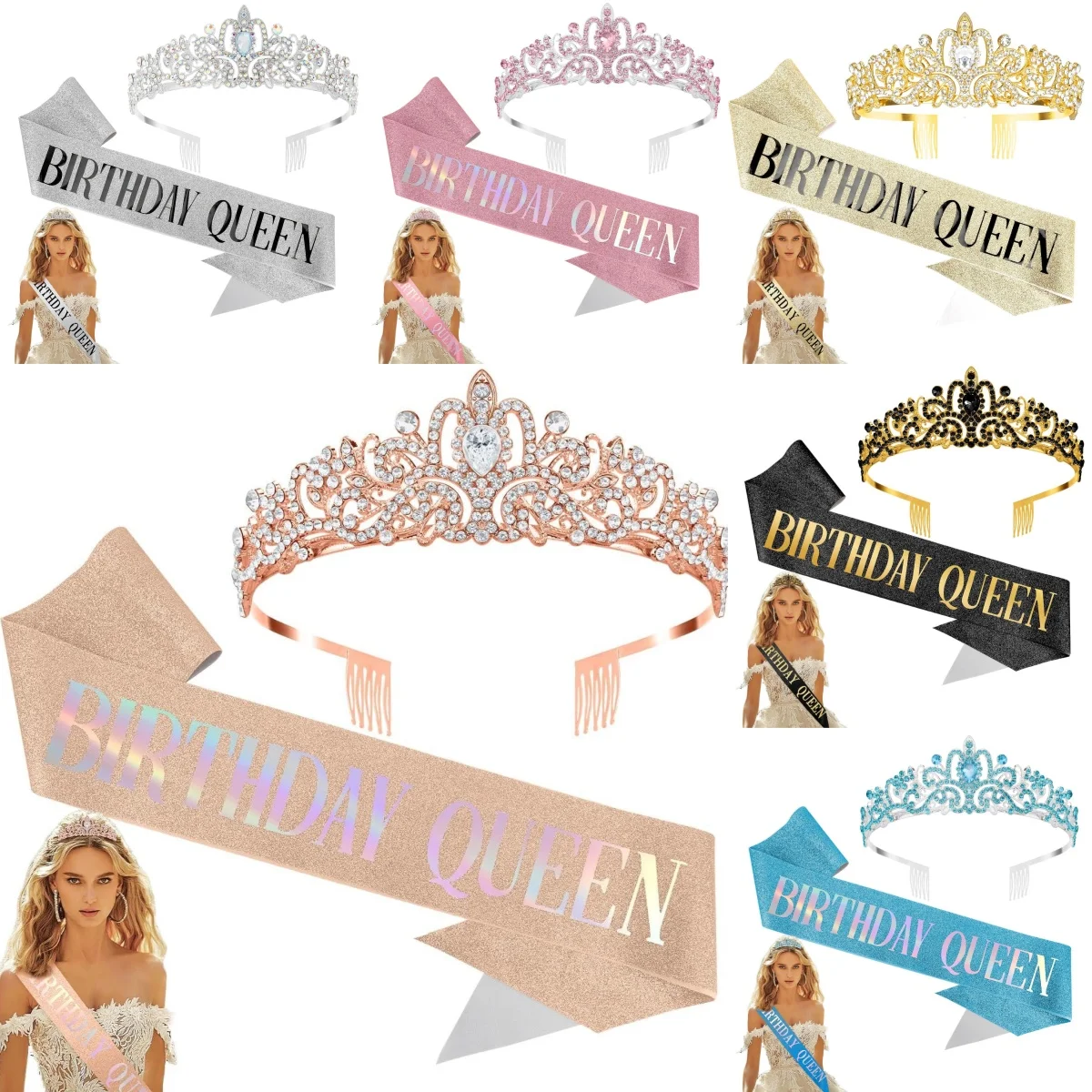 Conjunto de 2 Peças Tiara de Cristal com Strass Brilhante para Meninas, Coroa de Aniversário para Decoração de Festa