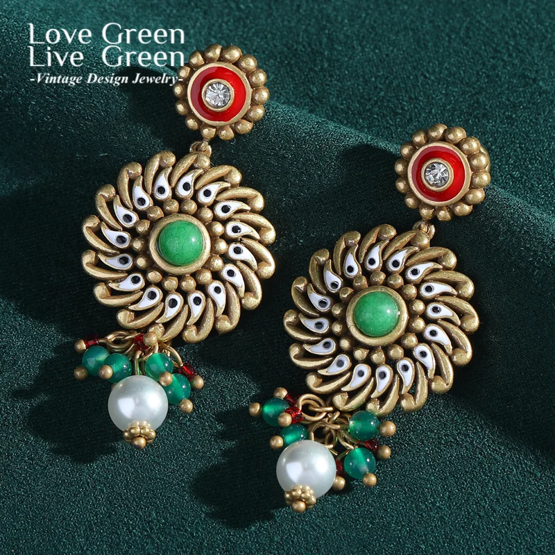 

Vintage Antique Gold Color Drop Dangle Earrings Nature Eye Green Red Agate Pearl Luxury Designer Jewelr Wedding Accessories 2025