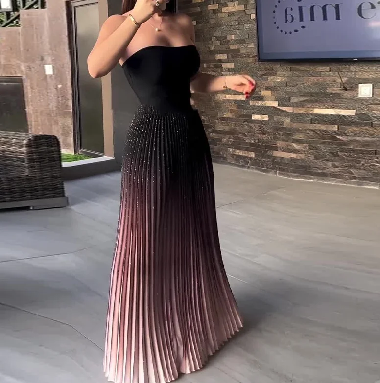 Elegant Dress for Women Fashion Gradient Color Sexy Strapless Pleated Diamond Dress Tailored and Personalized Party Style Dress