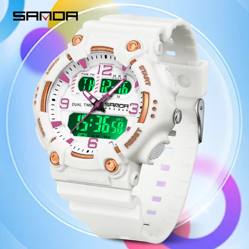 SANDA 6179 New Womens Sport Quartz Electronic Watch Dual Display Multi Functional LED Night Light Waterproof Casual Womens Watch