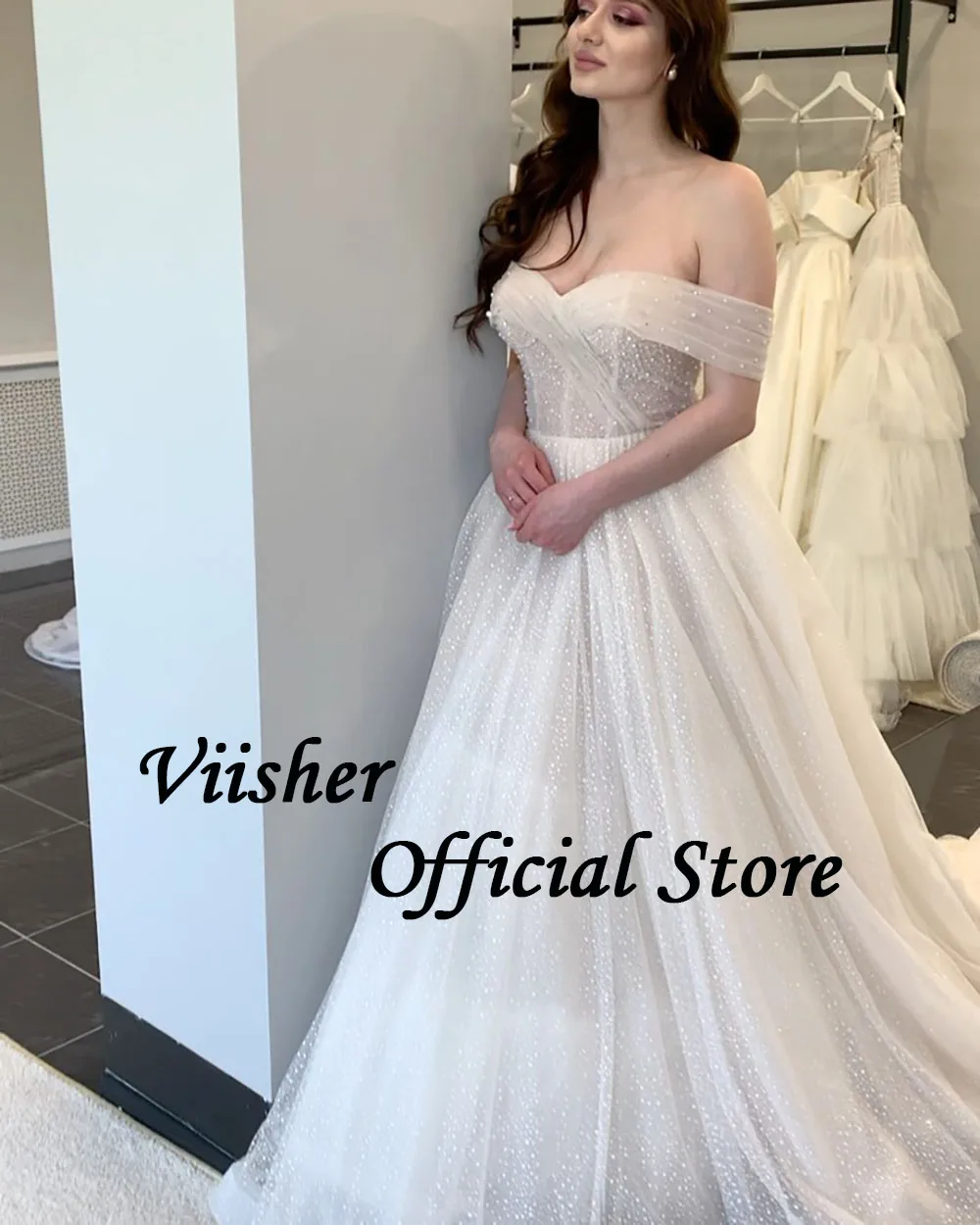 Viisher Sparkly Tulle A Line abiti da sposa Off spalla Sweetheart Princess abiti da sposa lunghi abiti da sposa da chiesa