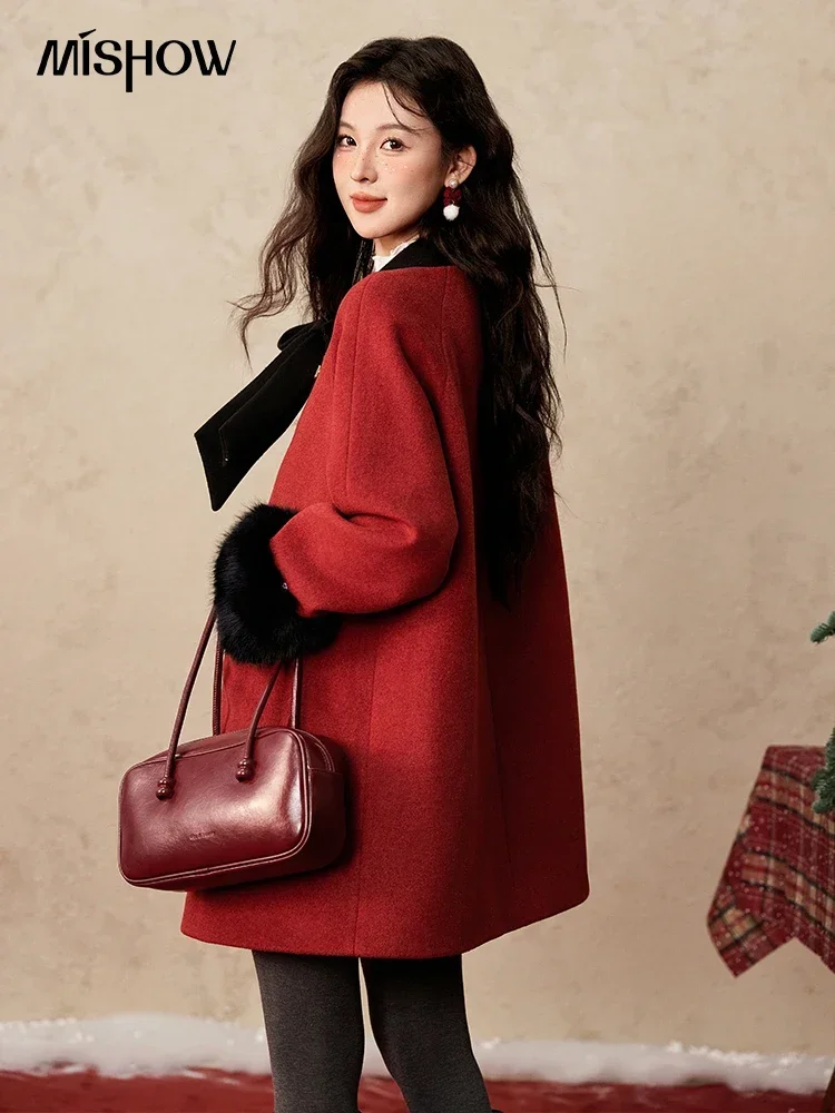 MISHOW Christmas Tweed Jacket Removable Fox Fur Cuffs Button Design Cotton Clip Thickened Midi Coat Women Office Lady MXD58W0658