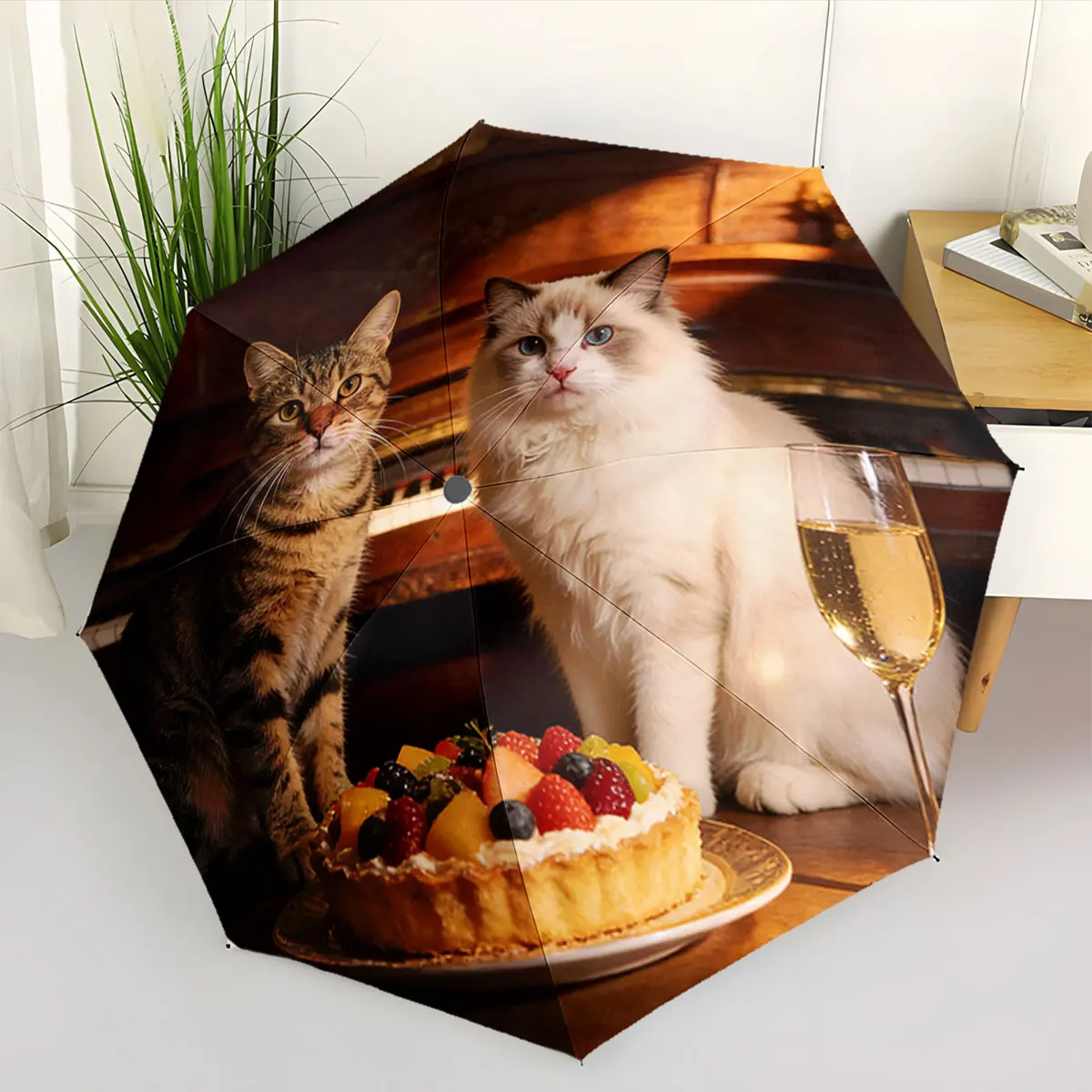 1PC Cats and Cake: A Cozy Umbrella Design Print 8 Iron Ribs Folding Umbrella Auto-Open Fashion Sunshade