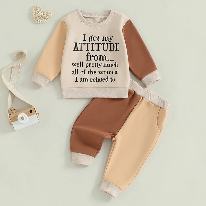 

VISgogo Kids Boys Clothes 2piece Outfit Contrast Color Long Sleeve Letters Print Sweatshirt with Sweatpants Casual Fall Outfit