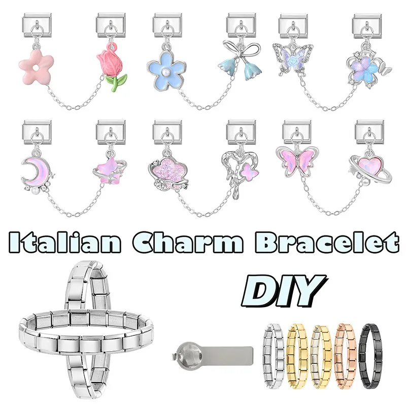 Y2K كريستال ستار القمر فراشة قنديل البحر شرابة سلسلة الإيطالية سحر الروابط صالح 9 مللي متر سوار الفولاذ المقاوم للصدأ DIY بها بنفسك صنع المجوهرات #4