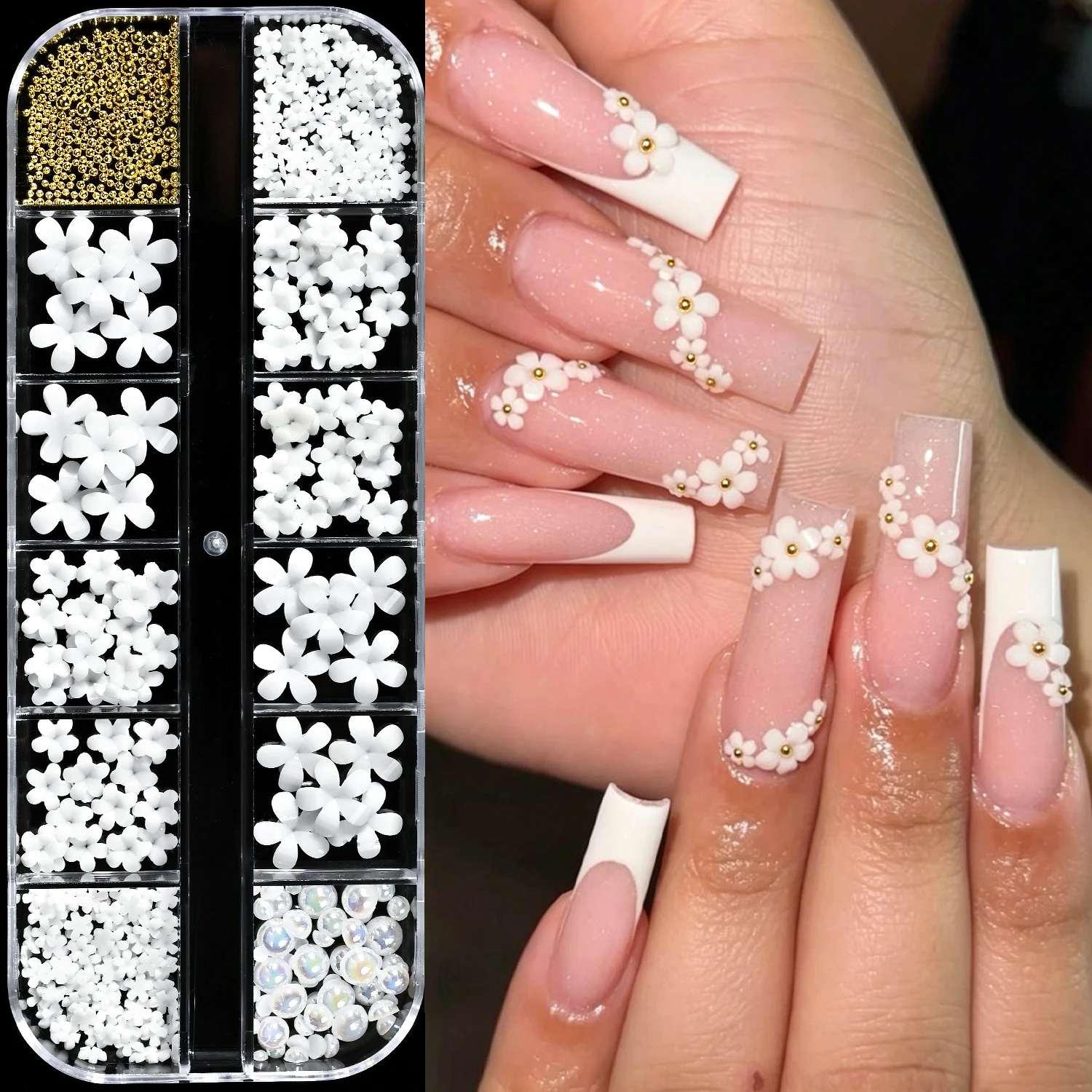 12Grids White Acrylic Petal Flower Nail Charm 3D Sping Floral Nail Rhinestone Mixed Pearl Caviar Beads DIY Manicure Decoration