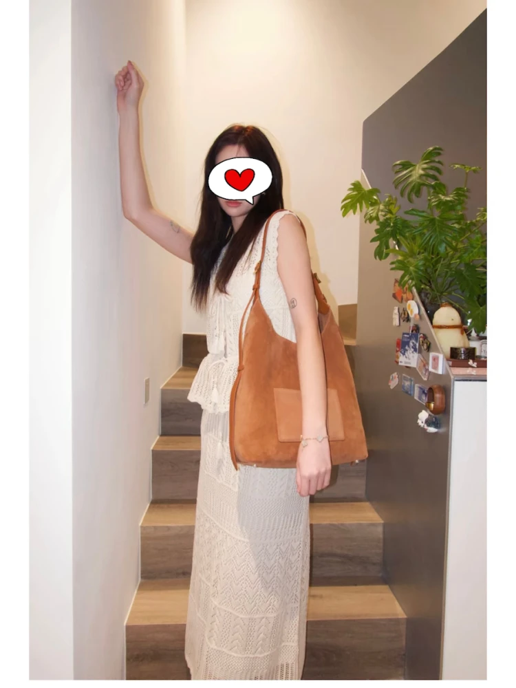 

Linen Knitted Hollow out Vest And f Skirt Set Summer Women's Vaion Sle High Waist Midi Skirt A-Line Skirt Vest