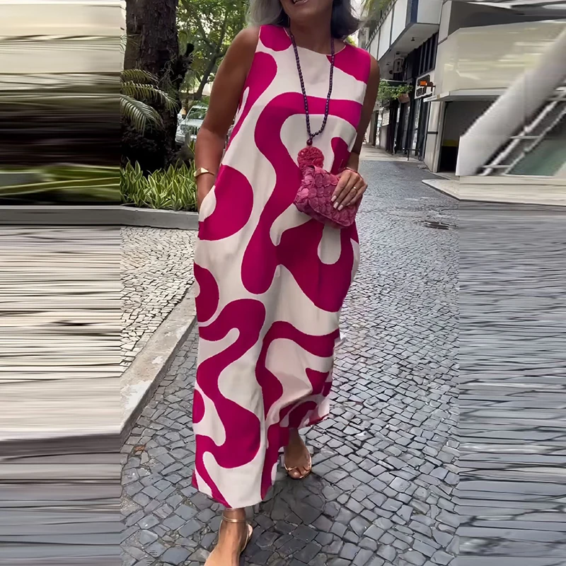 

Office Ladies O Neck Sleeveless Long Dress Summer High Street Loose Bohemian Dress 2025 Sexy Hollow Print Beach Dresses Vestidos