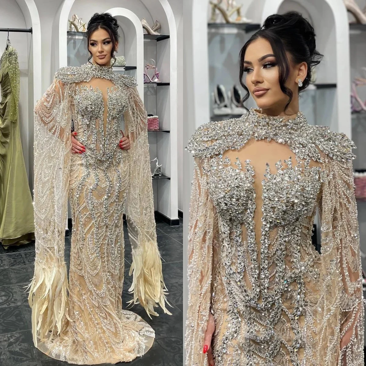 

Luxury Evening Dresses Crystal Feather Prom Dress Rhinestone Strapless with Cape Illusion Mermaid Party Gowns Vestidos De Noche