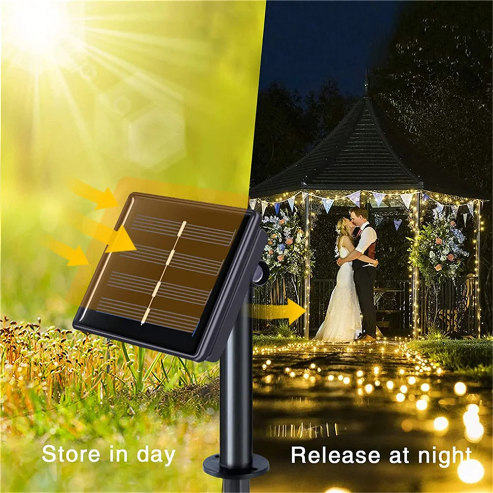 Impermeável Solar LED Curtain Light Decoração de guirlanda ao ar livre, luzes de corda, quintal, Natal, fada, luzes de corda, 300LEDs