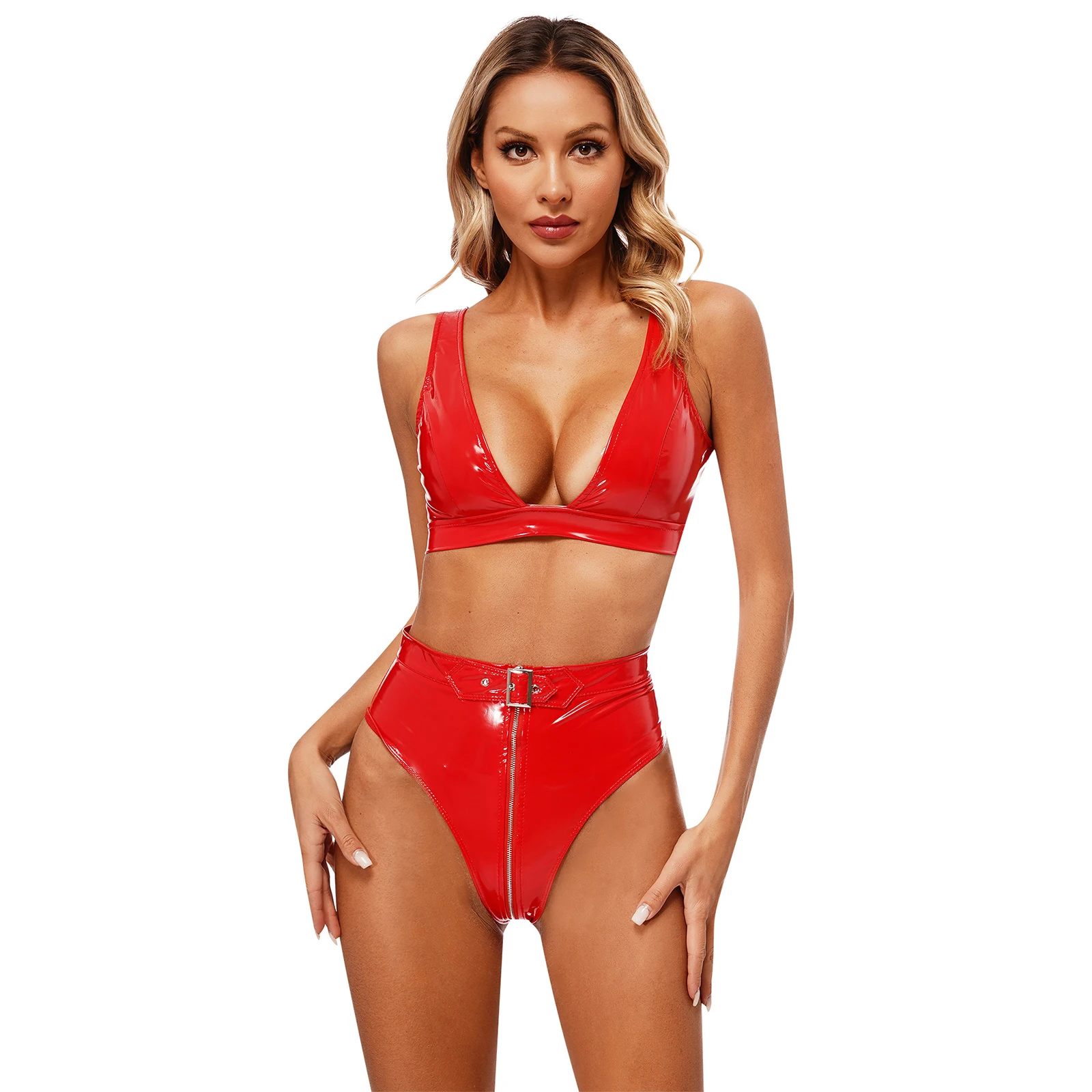 Womens Wet Look Patent Leather Sexy Lingerie Set Clubwear Bra Top Low-Cut Crop Tank Top Vest with High Waist Zipper Front Briefs