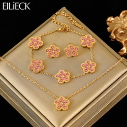 EILIECK New Fashion Stainless Steel Pink Zircon Clover Necklace Bracelet Earrings Set For Women Trendy Flower Jewelry Set Gift