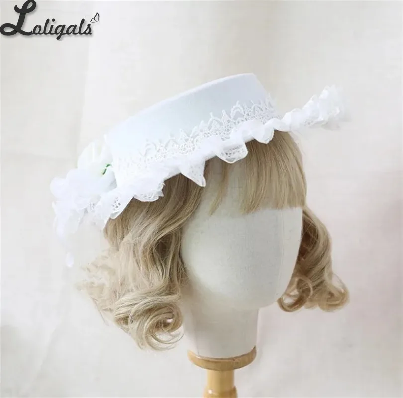 قبعة الدانتيل القوطية الرجعية للفتيات ، قبعة مسطحة ، لوليتا ، وردة ، زهرة ، شريط W